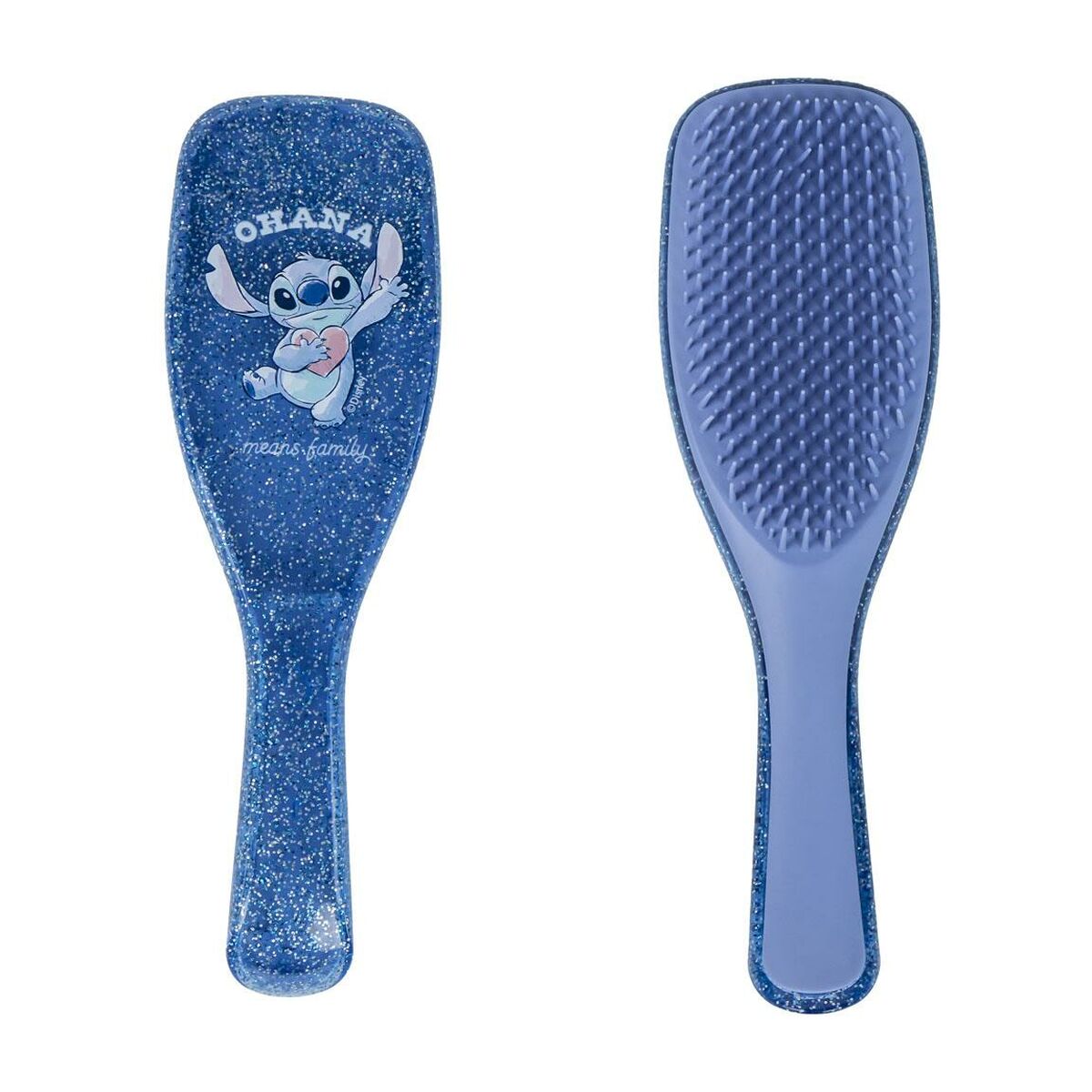 Brosse Stitch bleue avec motif en paillettes, dessin Stitch et inscription 'Ohana', idéale pour les enfants.