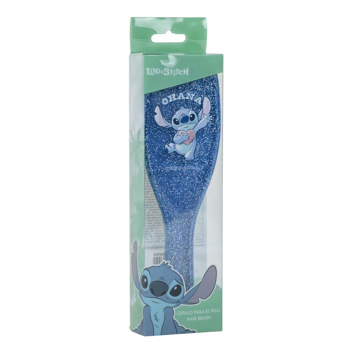 Brosse Stitch bleue avec motif Stitch, emballage et design scintillant, accessoire de coiffure pour enfants.
