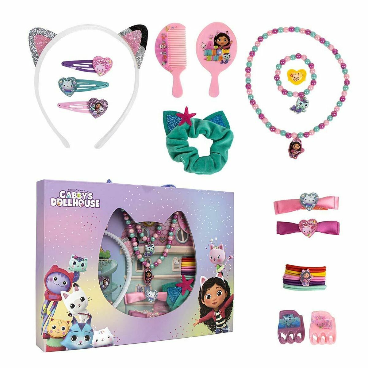 Accessoires pour les cheveux Gabby's Dollhouse en rose, 23 pièces incluant barrettes et accessoires pour enfants.