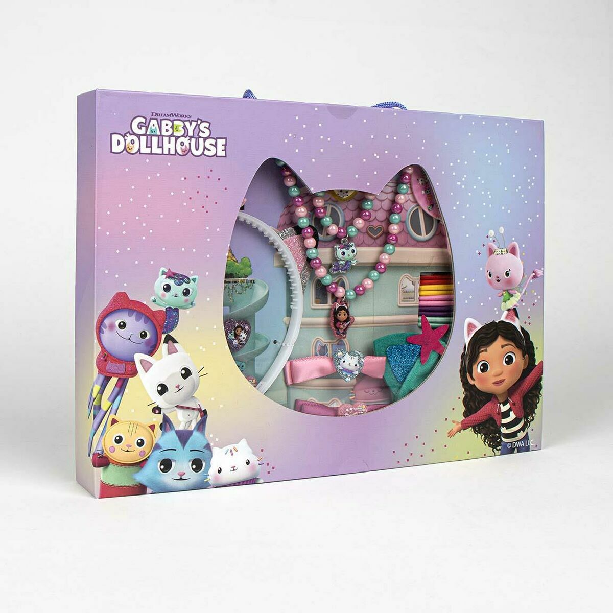 A colorful packaging for Gabby's Dollhouse hair accessories, featuring playful designs and characters, perfect for kids.