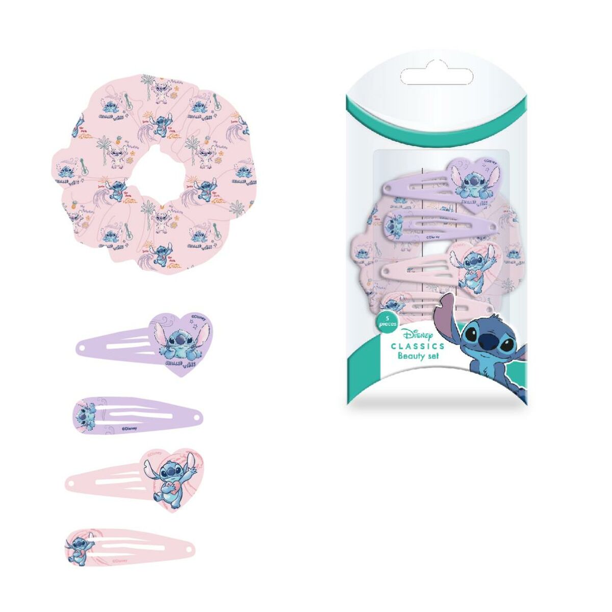 Set de beauté Disney Stitch avec chouchou et barrettes multicolores, parfait pour les enfants et fans de Stitch.