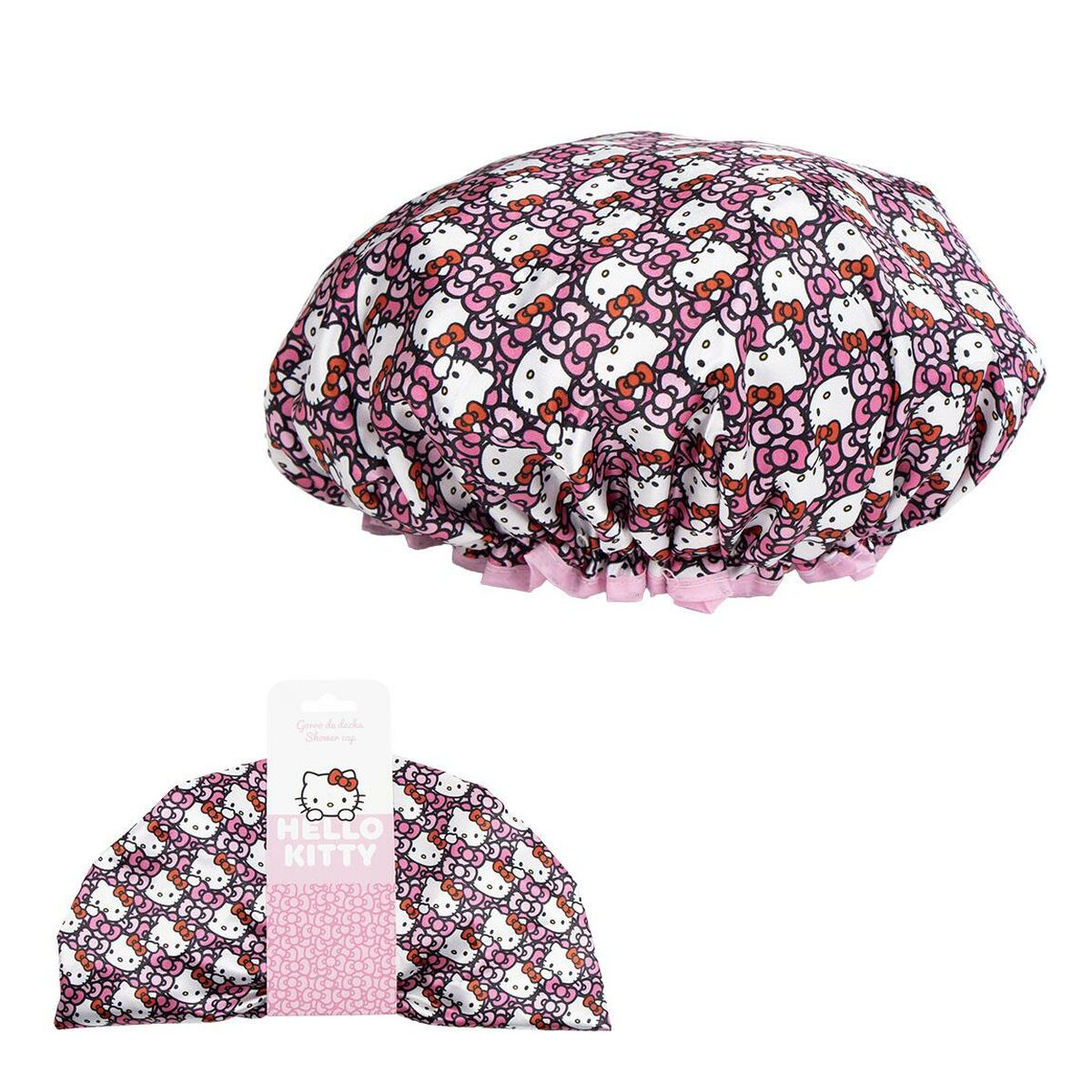 Bonnet de douche Hello Kitty rose en polyester, idéal pour l'hygiène intime, avec motif coloré.