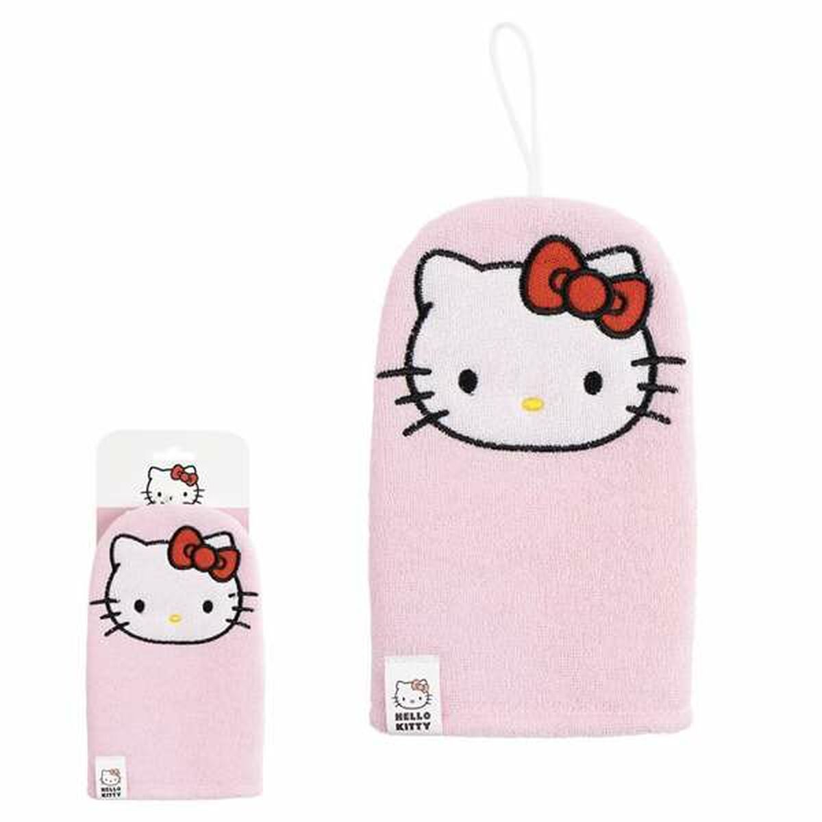 Gant de toilette Hello Kitty rose, accessoire doux et ludique pour l'hygiène quotidienne.