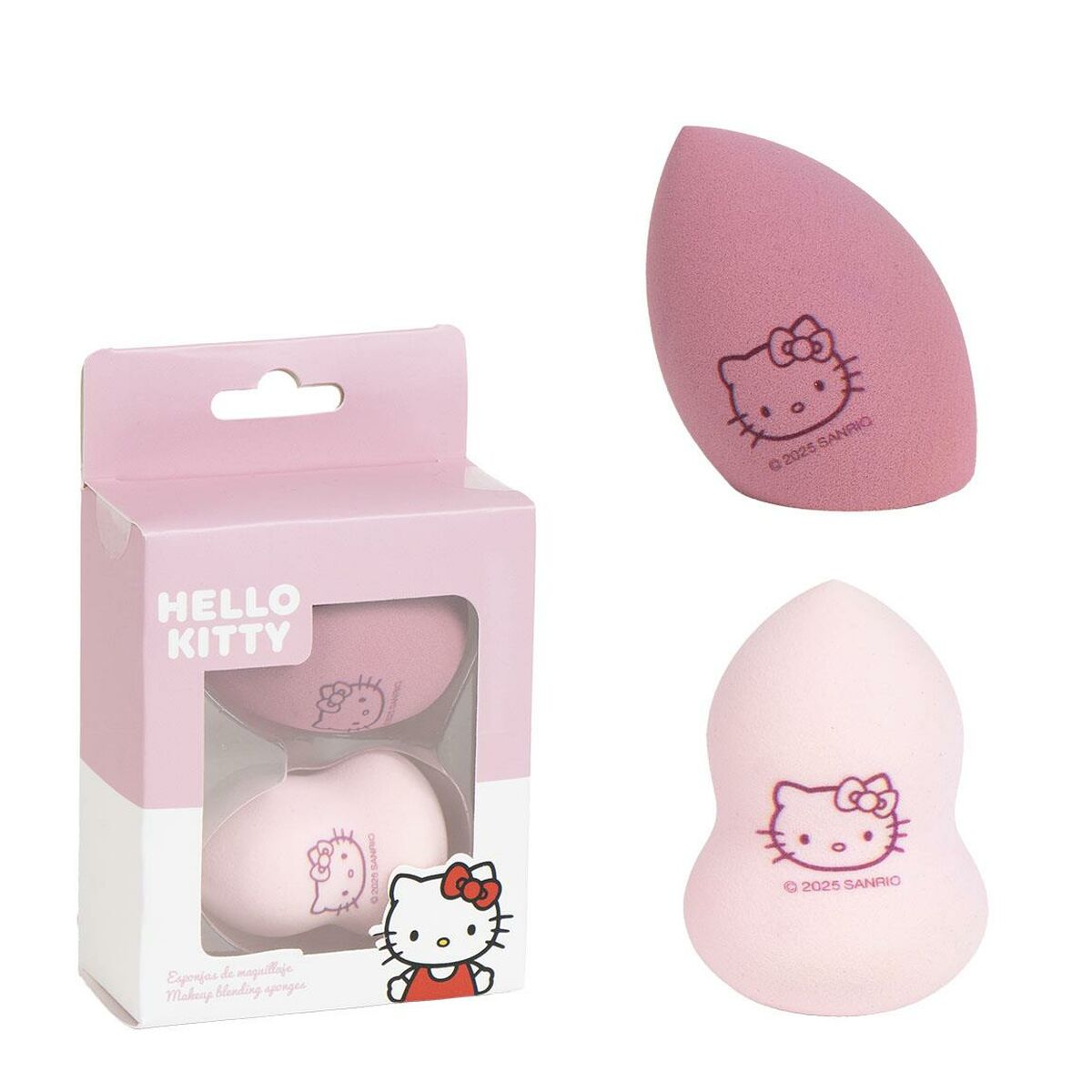 Hello Kitty makeup sponges in a pink packaging, featuring two sponges with cute designs, perfect for beauty enthusiasts.