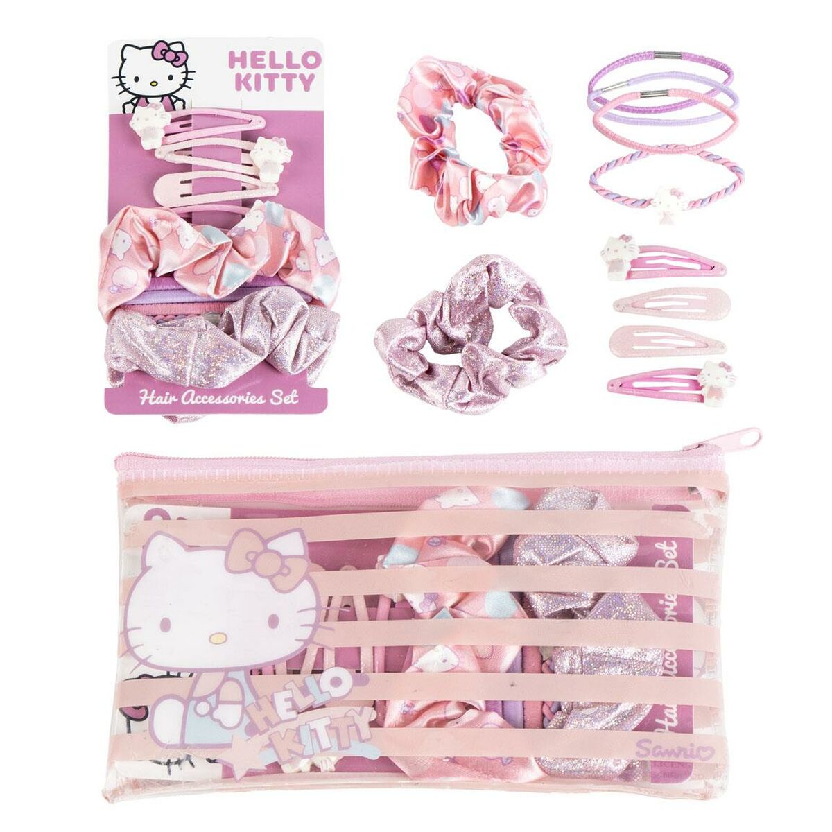 Set d'accessoires pour cheveux Hello Kitty rose avec chouchous, barrettes et élastiques, parfait pour les enfants de plus de 3 ans.