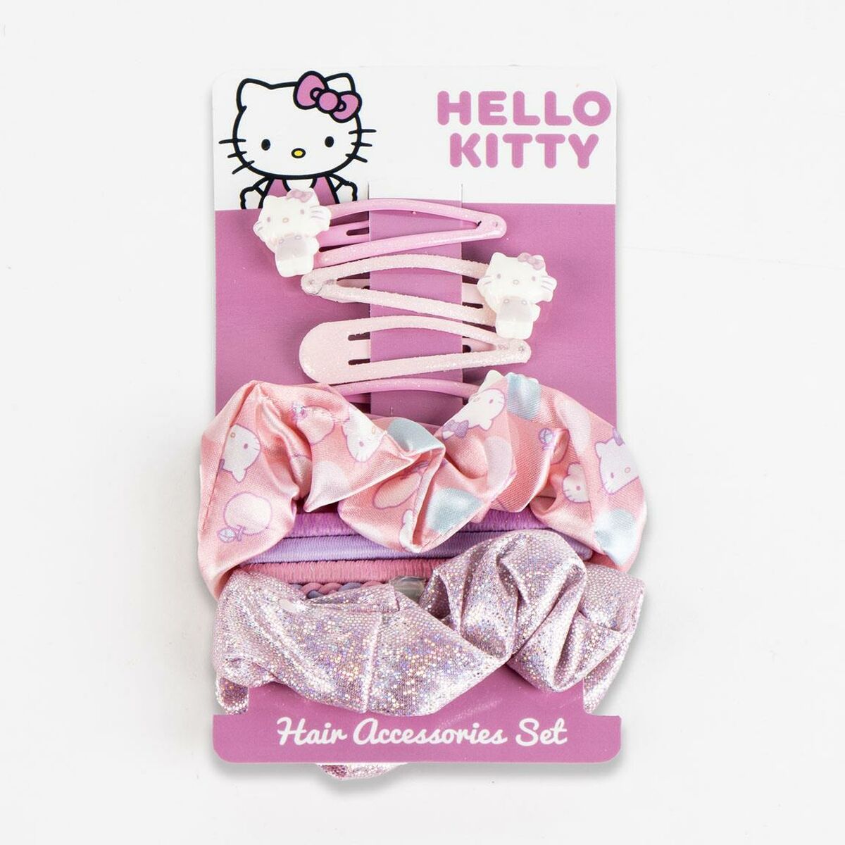 Set d'accessoires pour les cheveux Hello Kitty en rose, incluant des barrettes et des élastiques, parfait pour les jeunes filles.