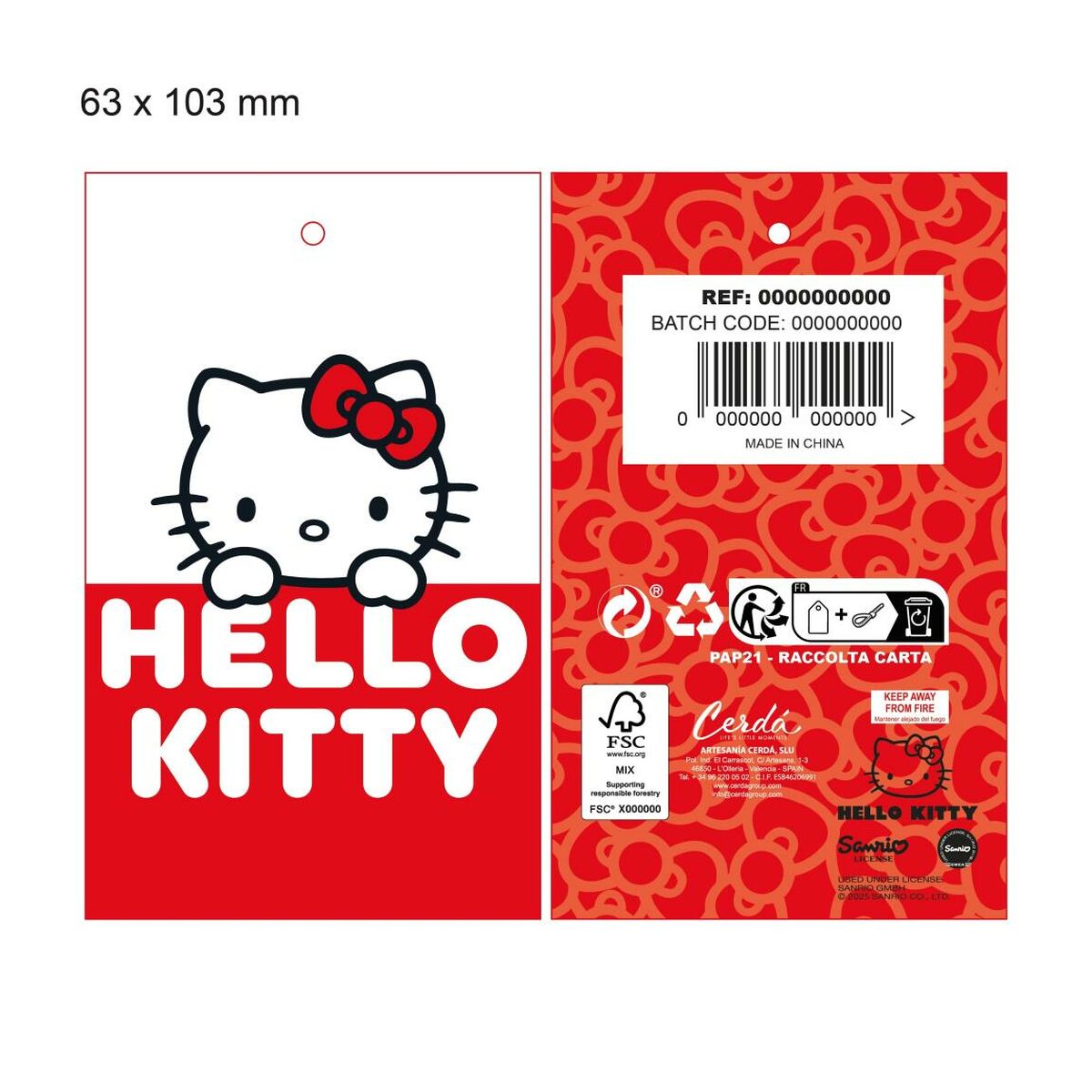 Étiquette Hello Kitty avec design coloré et logo, idéale pour les accessoires ou vêtements de marque.