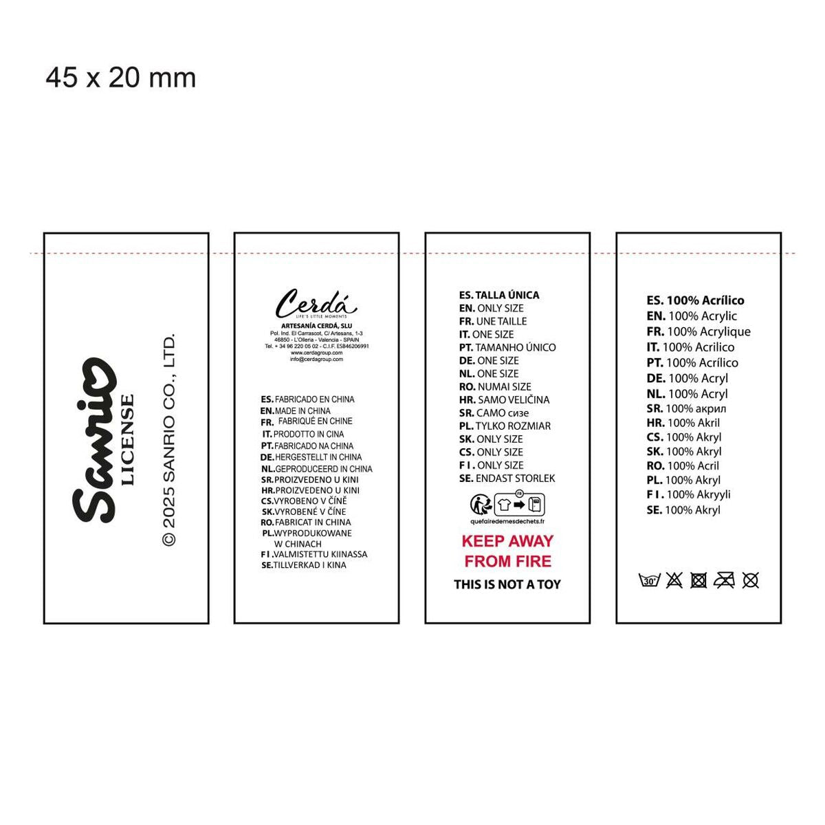 Label for Hello Kitty shower cap in multiple languages, featuring material and safety information.