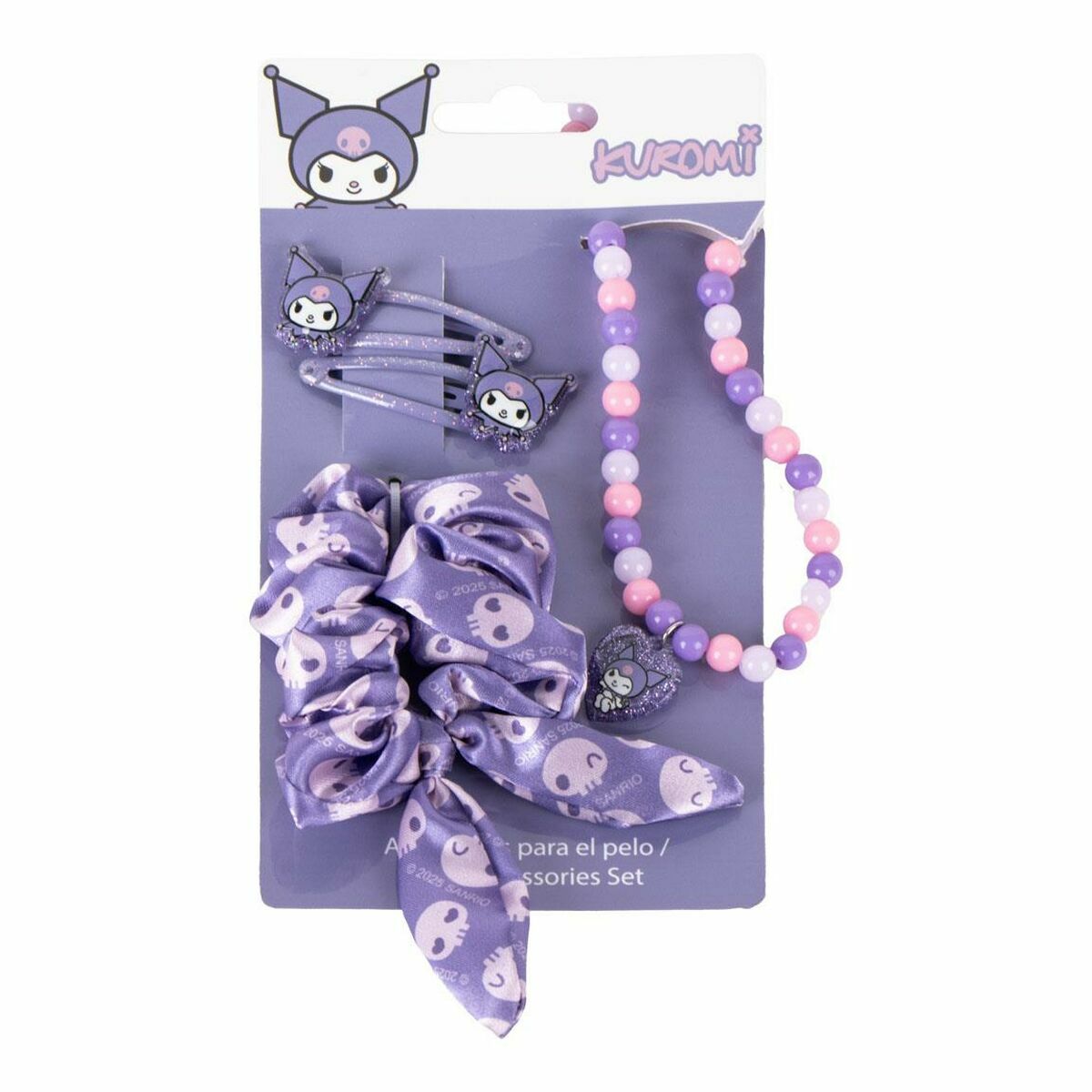 Set d'accessoires pour cheveux Kuromi violet comprenant élastiques, pinces et perles.