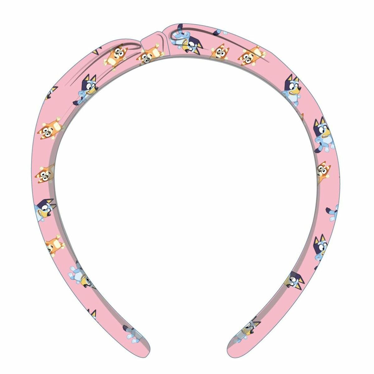 Serre-tête Bluey Rose pour enfants, en polyester, avec motifs colorés de Bluey sur fond rose.