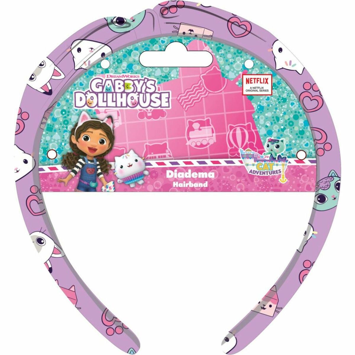 Violet Gabby's Dollhouse hairband for kids with cute character designs and Netflix branding.
