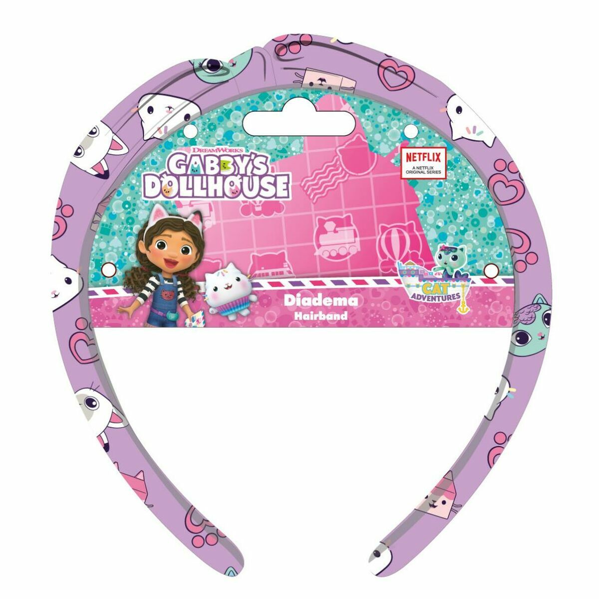 Gabby's Dollhouse violet hairband for kids featuring cute characters and vibrant design.