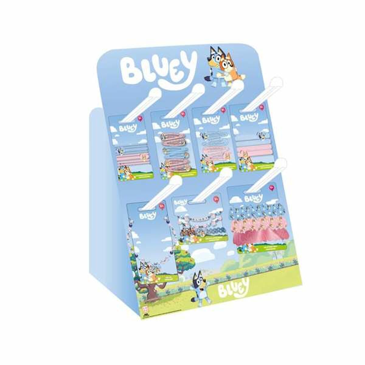 Display of Bluey hair clips in various colors and styles, showcasing trendy designs for kids.