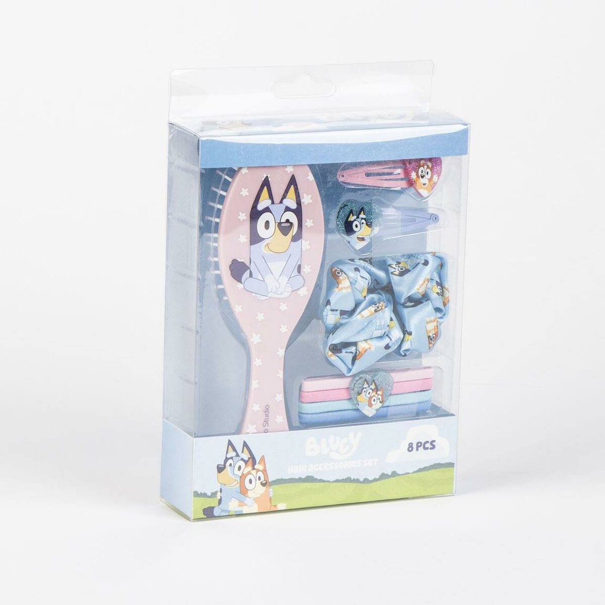 Accessoires pour les cheveux Bluey, 8 pièces comprenant une brosse, des pinces et des élastiques, design amusant et coloré.