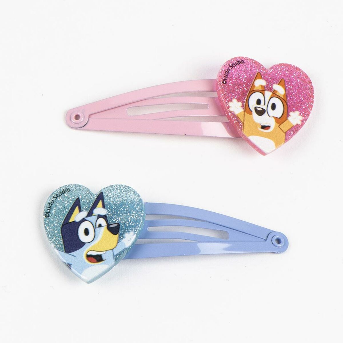 Bluey hair clips set in heart shapes, featuring colorful designs in pink and blue, perfect for kids' hair accessories.