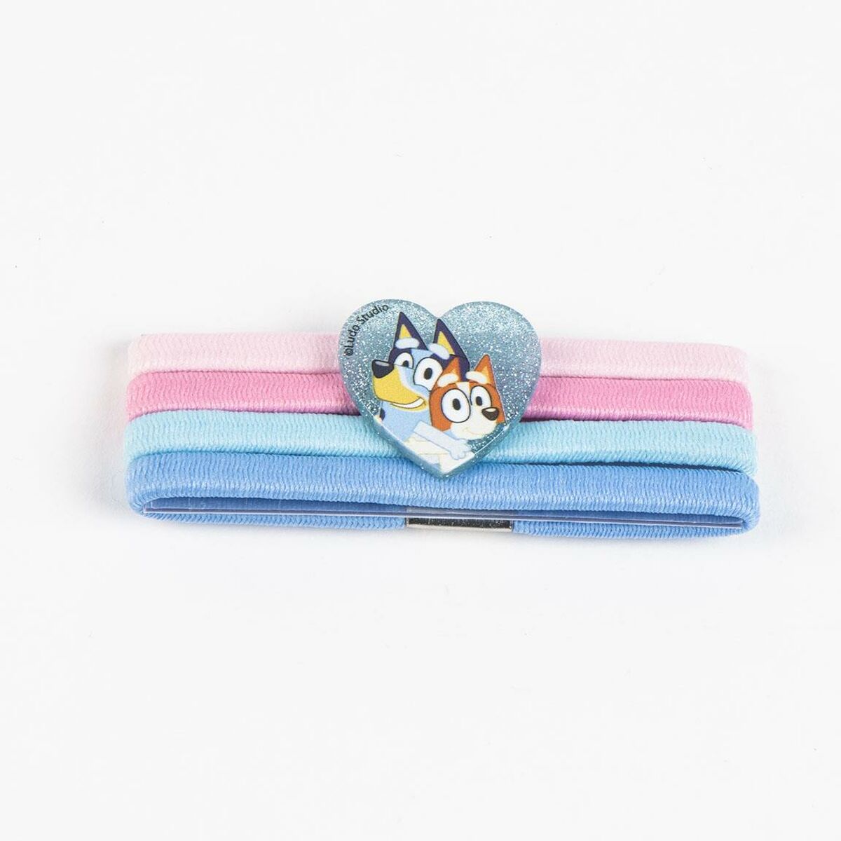 Heart-shaped hair clip featuring Bluey characters, accentuated with pink and blue elastic bands.