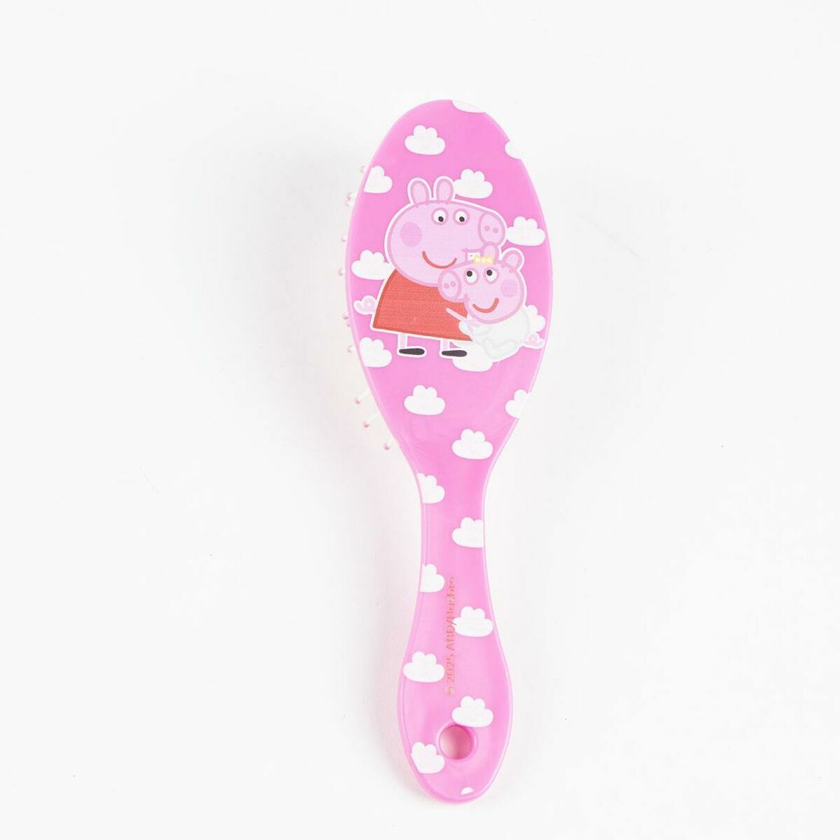 Brosse à cheveux Peppa Pig rose avec motifs nuage, idéale pour enfants, accessoire de coiffure amusant.