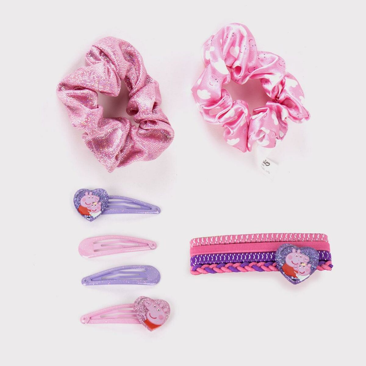 Accessoires pour les cheveux Peppa Pig rose, 10 pièces, incluant chouchous et barrettes colorées.