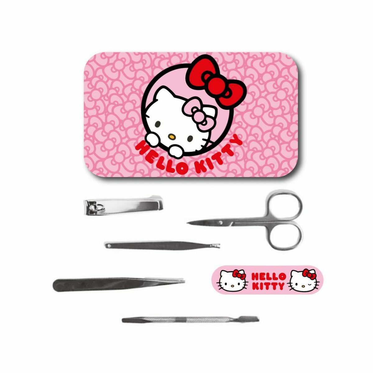 Set de manucure Hello Kitty rose multicomposition avec accessoires, incluant coupe-ongles et ciseaux.