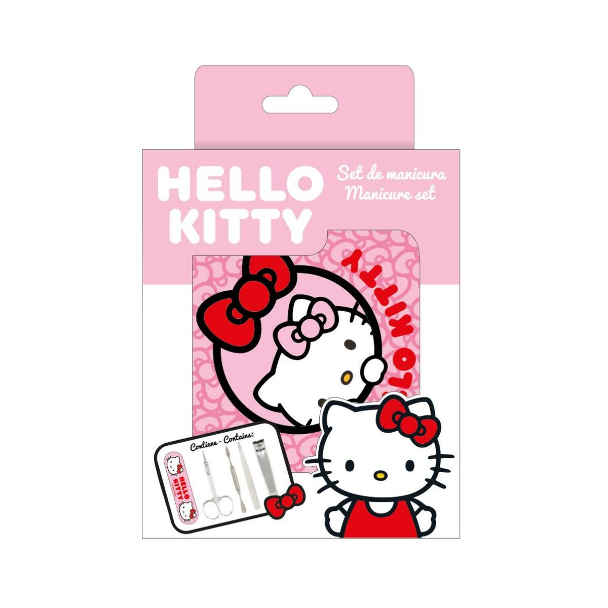 Hello Kitty rose manicure set packaging featuring cartoon design and grooming tools, perfect for stylish nail care.
