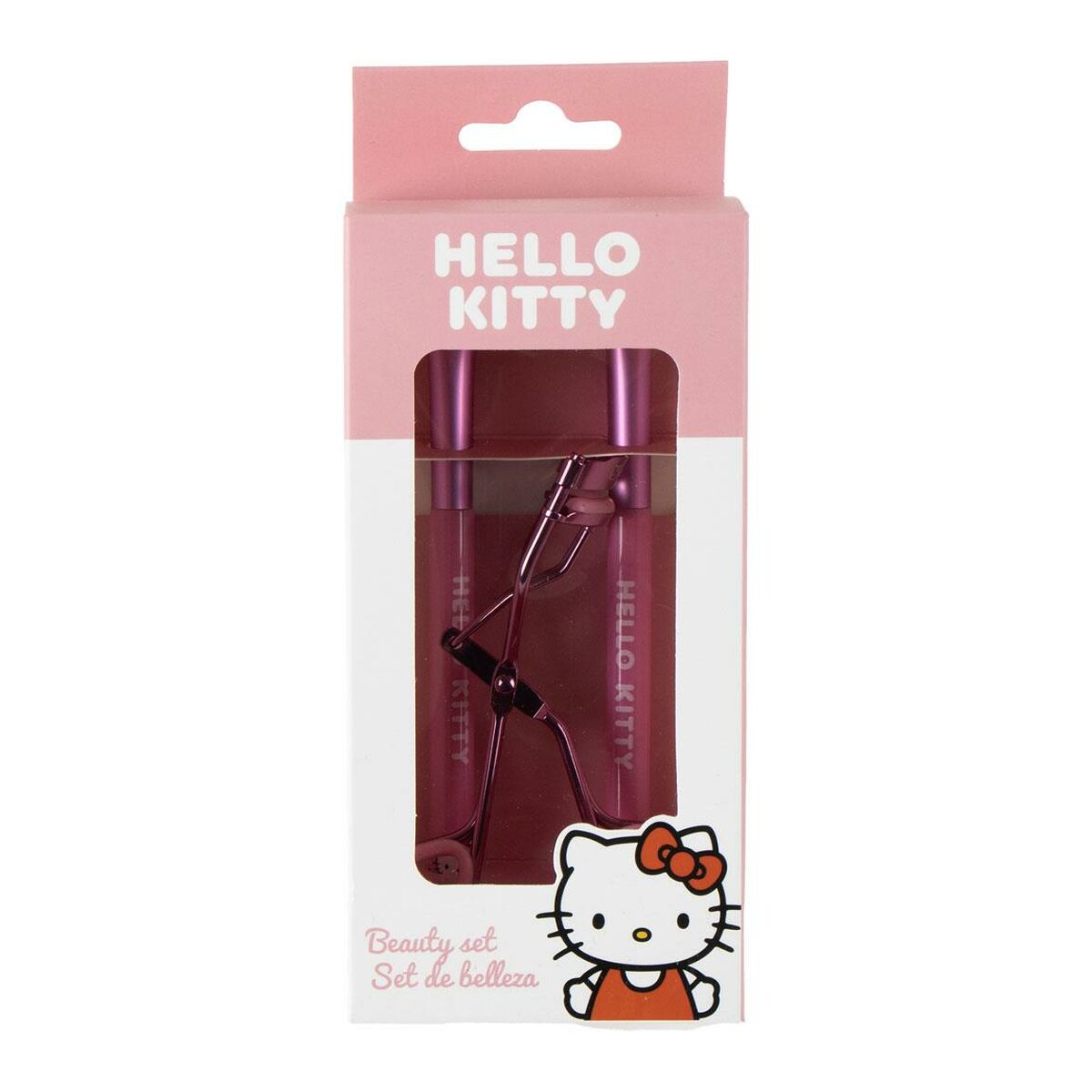 Ensemble de beauté Hello Kitty, 3 pièces incluant des pinceaux et recourbe-cils, couleur rose, emballage attrayant.