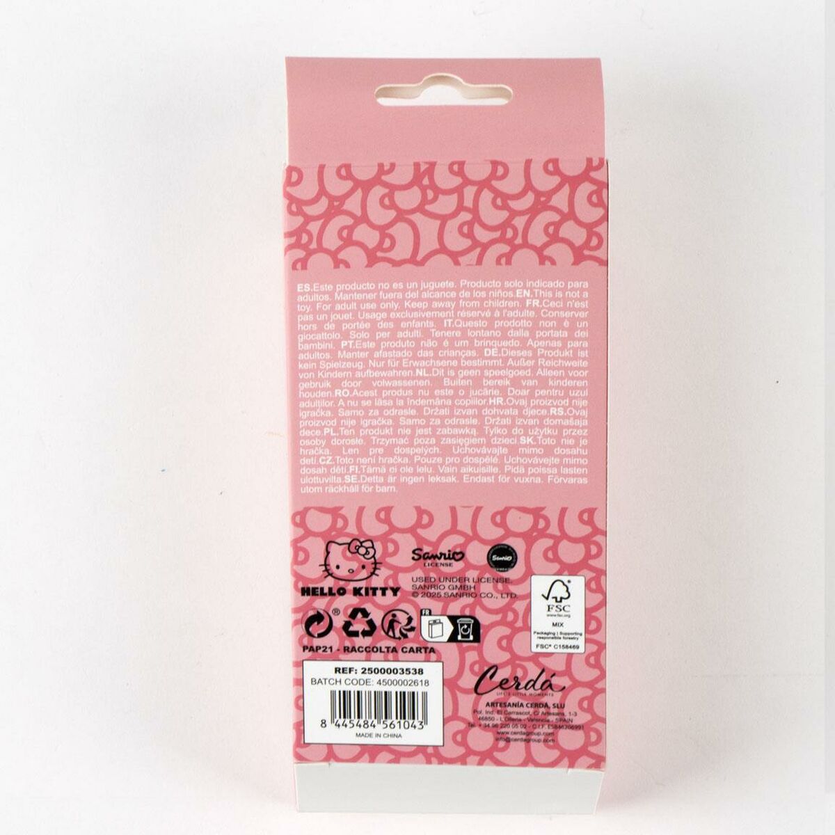 Dos de l'emballage du produit Ensemble de Beauté Hello Kitty 3 Pièces, rose avec logo Hello Kitty.