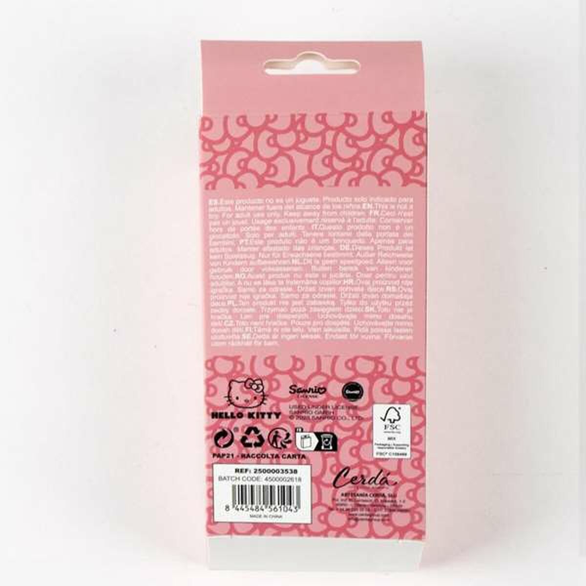 Packaging design of Hello Kitty 3-piece beauty set in pink, featuring product details and safety information.