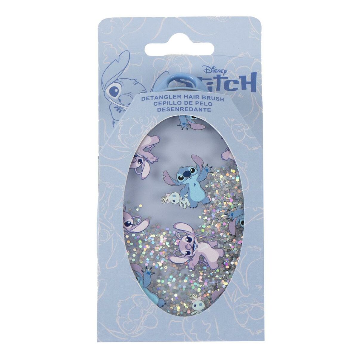 Disney Stitch detangler hair brush with glitter, featuring Stitch and friends on the packaging.