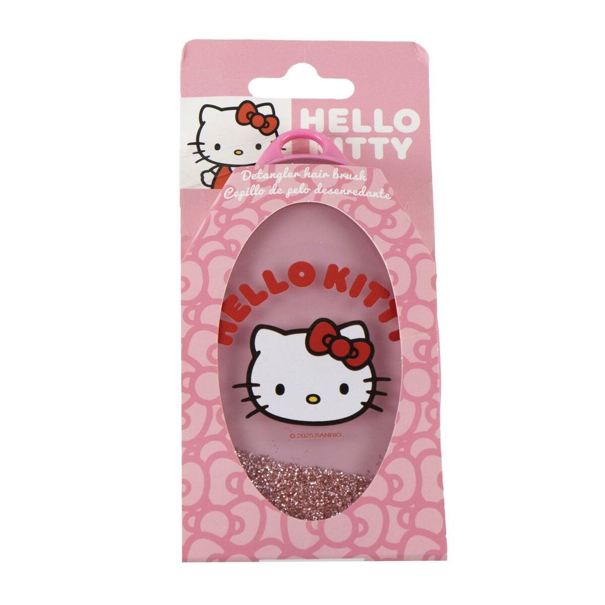 Brosse démêlante Hello Kitty rose emballée, idéale pour le soin des cheveux, 100 % ABS, dimensions 8 x 19 x 4 cm.