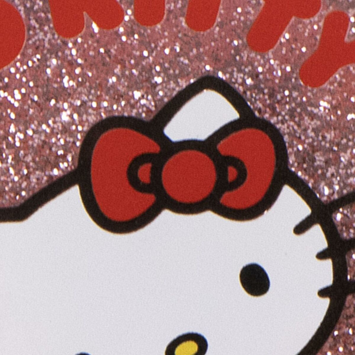 Hello Kitty character with a red bow on a sparkling pink background.