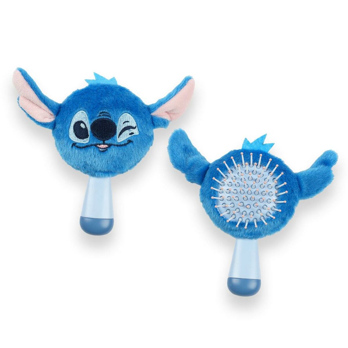Brosse démêlante Stitch en peluche bleue, avec visage d'animal et picots pour un brossage doux des cheveux.