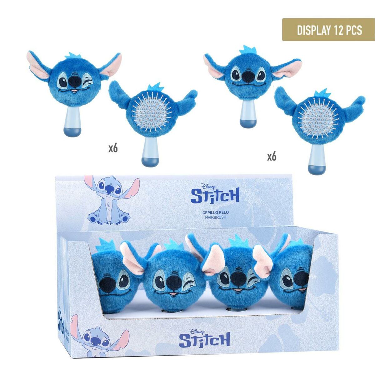 Display of 12 blue Stitch hairbrushes featuring playful designs from Disney, perfect for detangling hair.