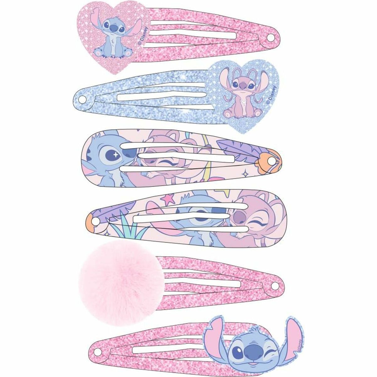 Assortiment de pinces à cheveux Stitch Bleu avec des motifs colorés et une boule en fausse fourrure rose, parfaites pour enfants.