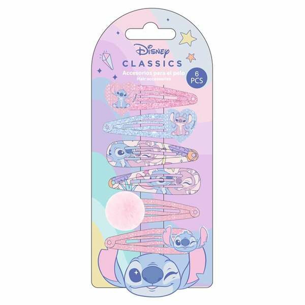 Pack of 6 blue Stitch hair clips for children, featuring Disney characters, perfect for stylish hair accessories.