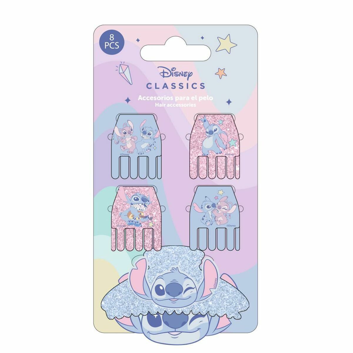 Pack of 8 blue Stitch hair clips from Disney Classics, featuring fun designs and sparkling details.