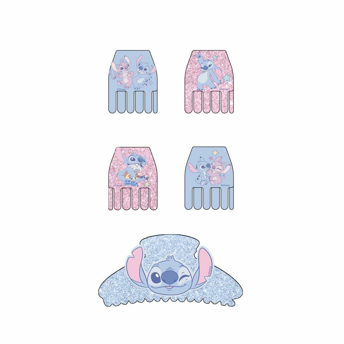 Four blue Stitch hair combs featuring various designs and characters for trendy hairstyles.