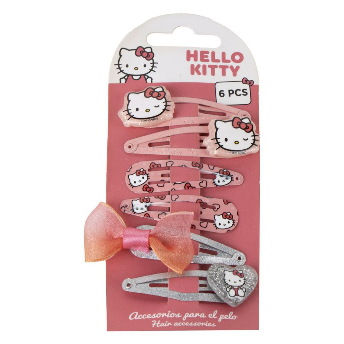 Pack of 6 Hello Kitty pink hair clips with cute designs and a bow, perfect for kids' hair accessories.
