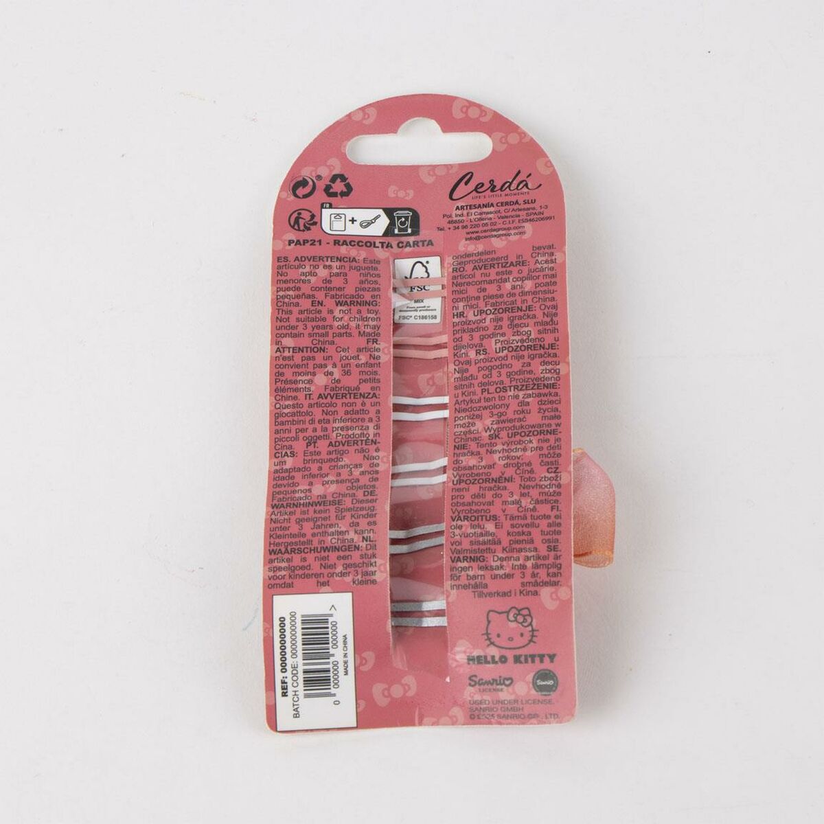 Emballage des Pinces à cheveux Hello Kitty Rose, avec des informations de sécurité et caractéristiques du produit.