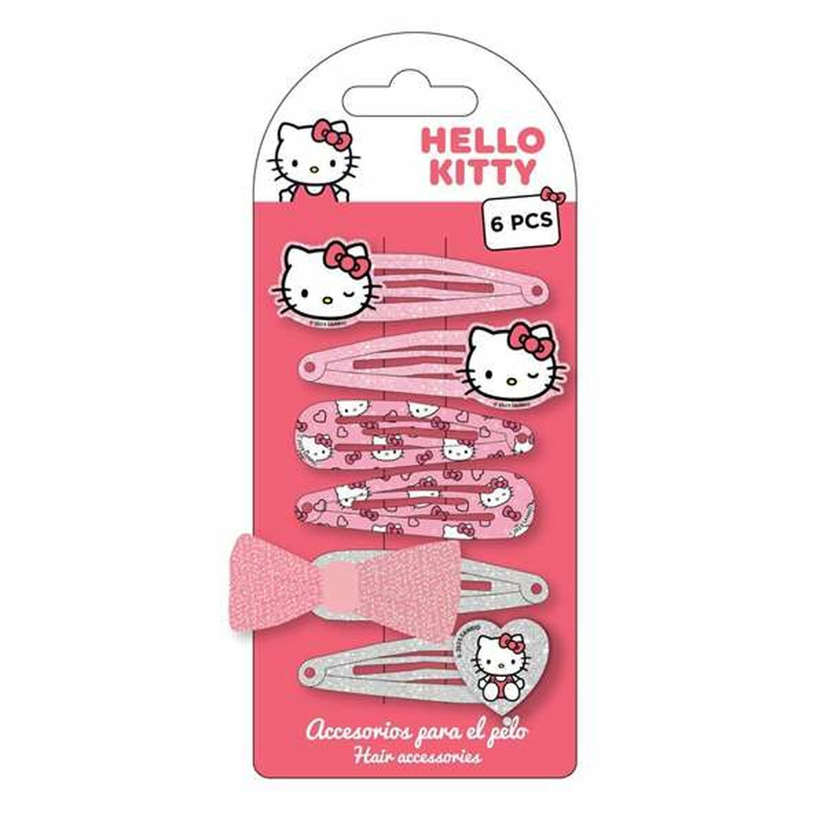 Set de pinces à cheveux Hello Kitty rose pour enfants, 6 pièces avec motifs mignons et un nœud glitter.