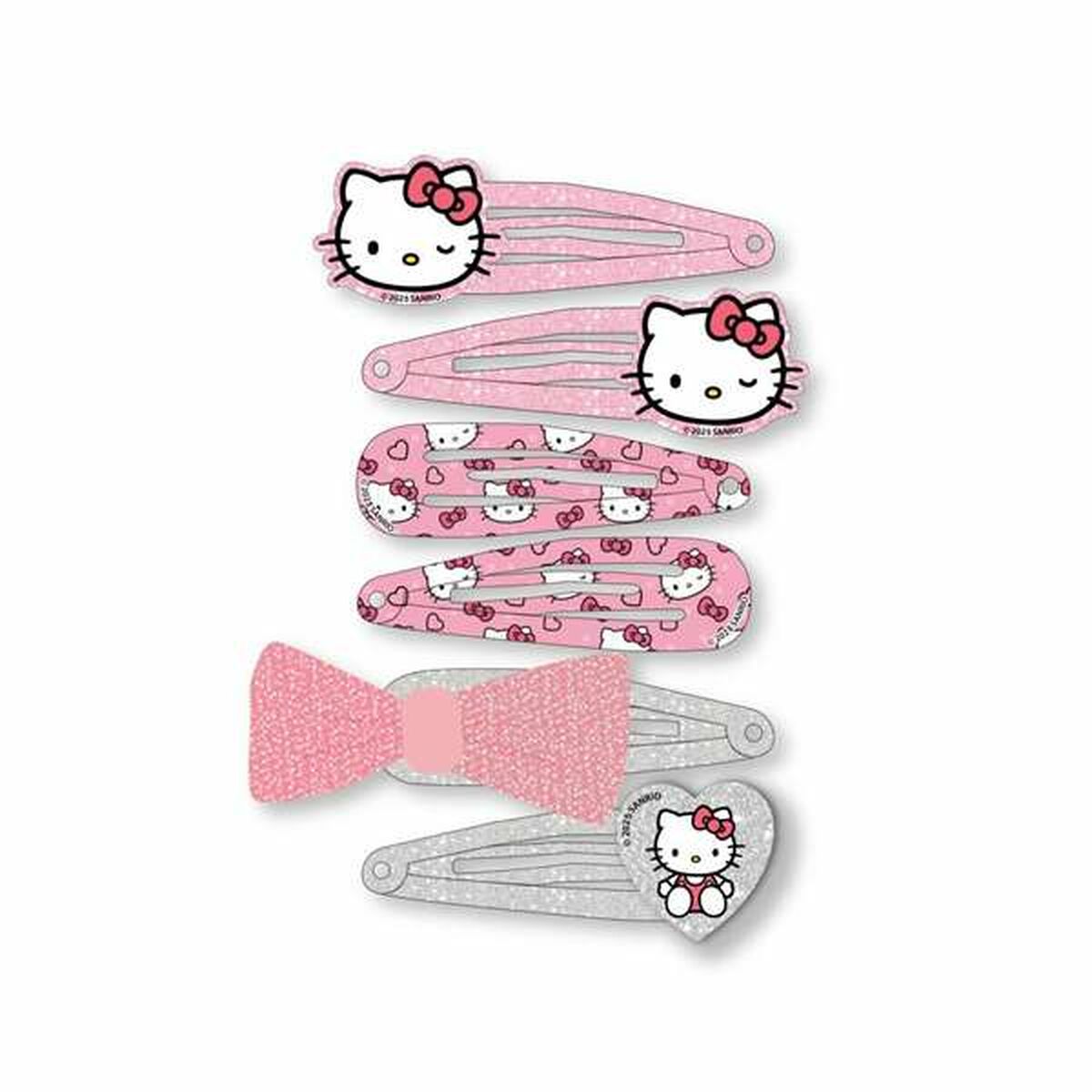 Ensemble de pinces à cheveux Hello Kitty rose, incluant des barrets et un nœud, parfaits pour les enfants.
