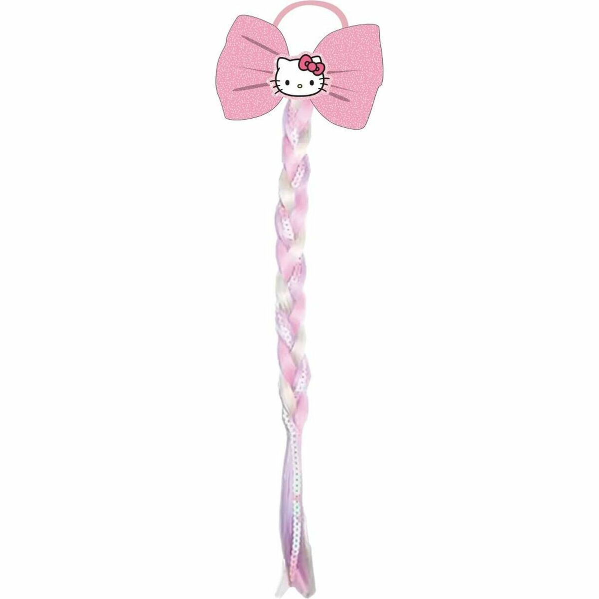 Pinces à cheveux Hello Kitty Rose avec un nœud rose et une tresse colorée, idéale pour un look adorable.