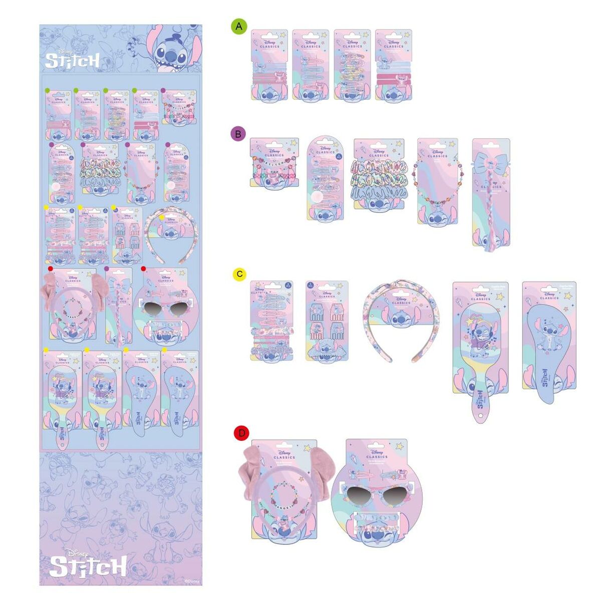 Échantillon de pinces à cheveux et accessoires Stitch bleu sur fond pastel, présentation des produits.