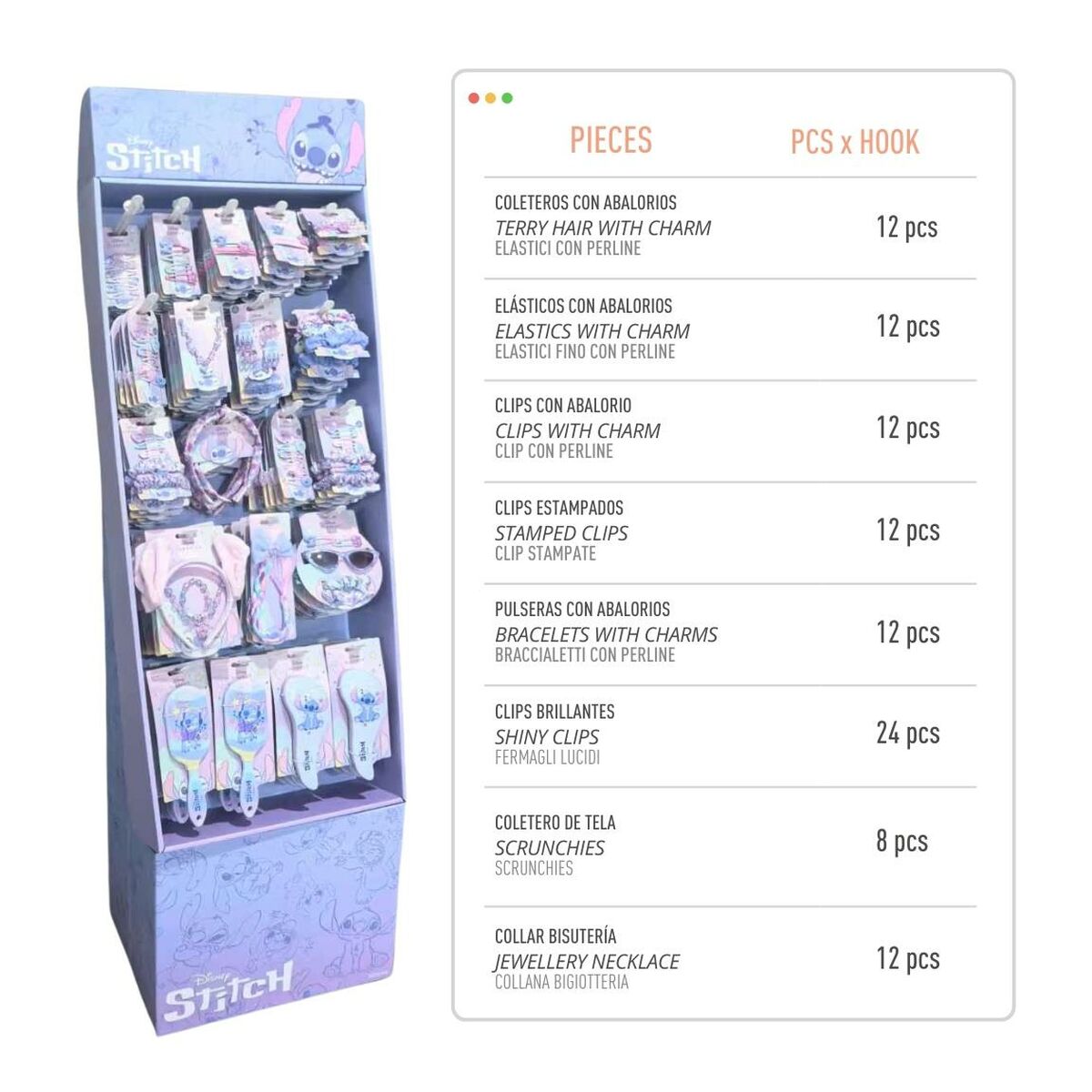 Display of Stitch blue hair accessories including clips, elastics, and scrunchies, featuring trendy designs for stylish looks.