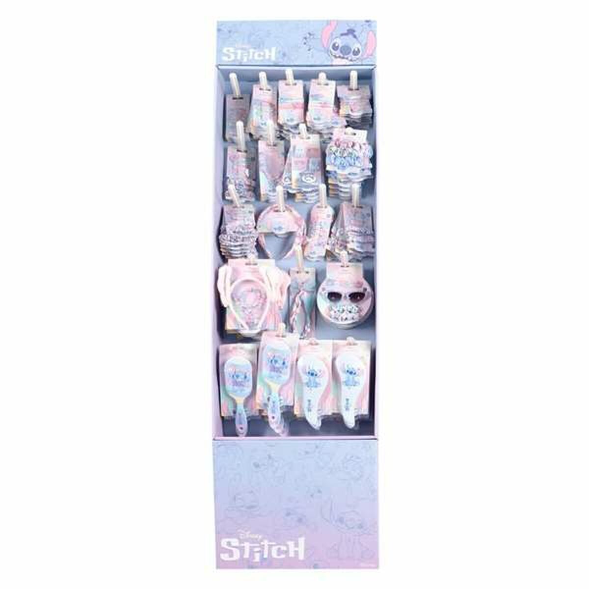 Porte-accessoires Stitch en bleu affichant une variété de pinces à cheveux et autres articles de mode.