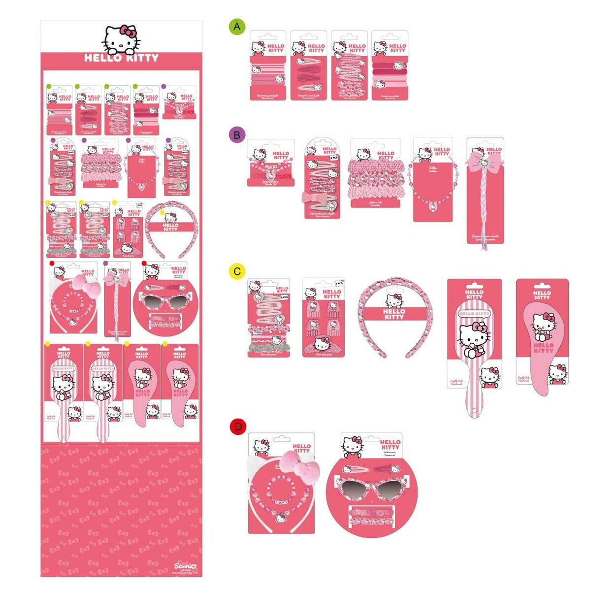 Collection of Hello Kitty hair accessories, featuring colorful clips, headbands, and combs in pink branding.