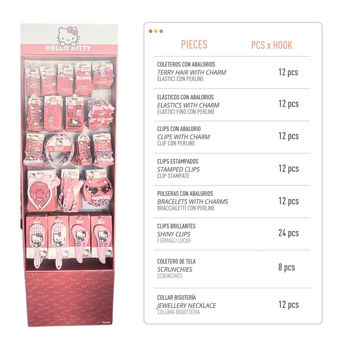 Display of Hello Kitty hair accessories, including clips, hair ties, and bracelets in a vibrant pink theme.