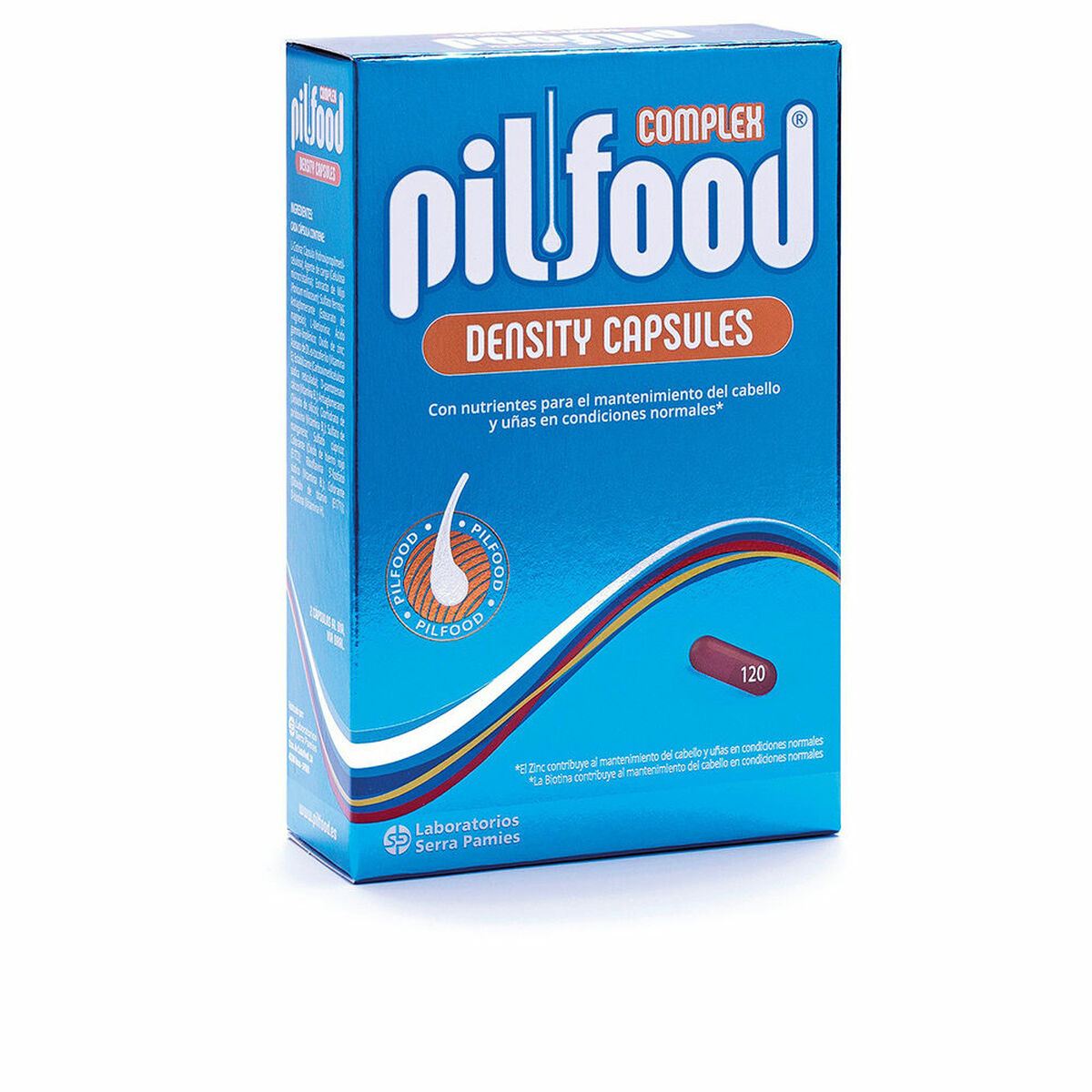 Boîte de comprimés anti-chute de cheveux Pilfood Density, contenant 120 capsules pour des cheveux sains et forts.