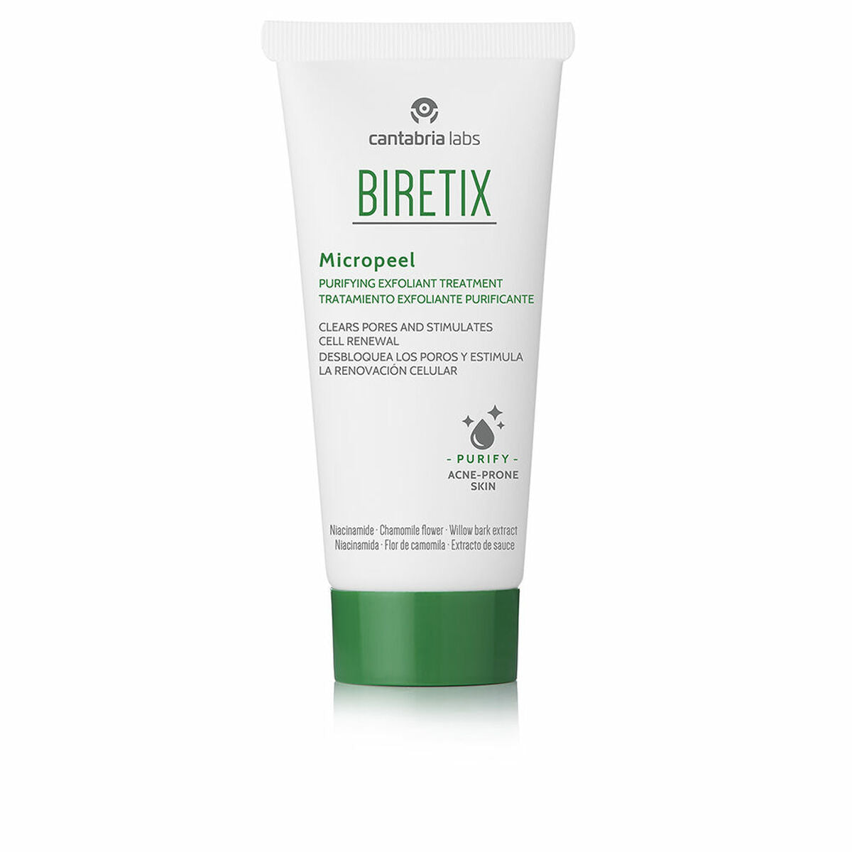 Exfoliant visage BIRETIX Micropeel 50 ml, un traitement purifiant pour peau acnéique, stimule le renouvellement cellulaire.