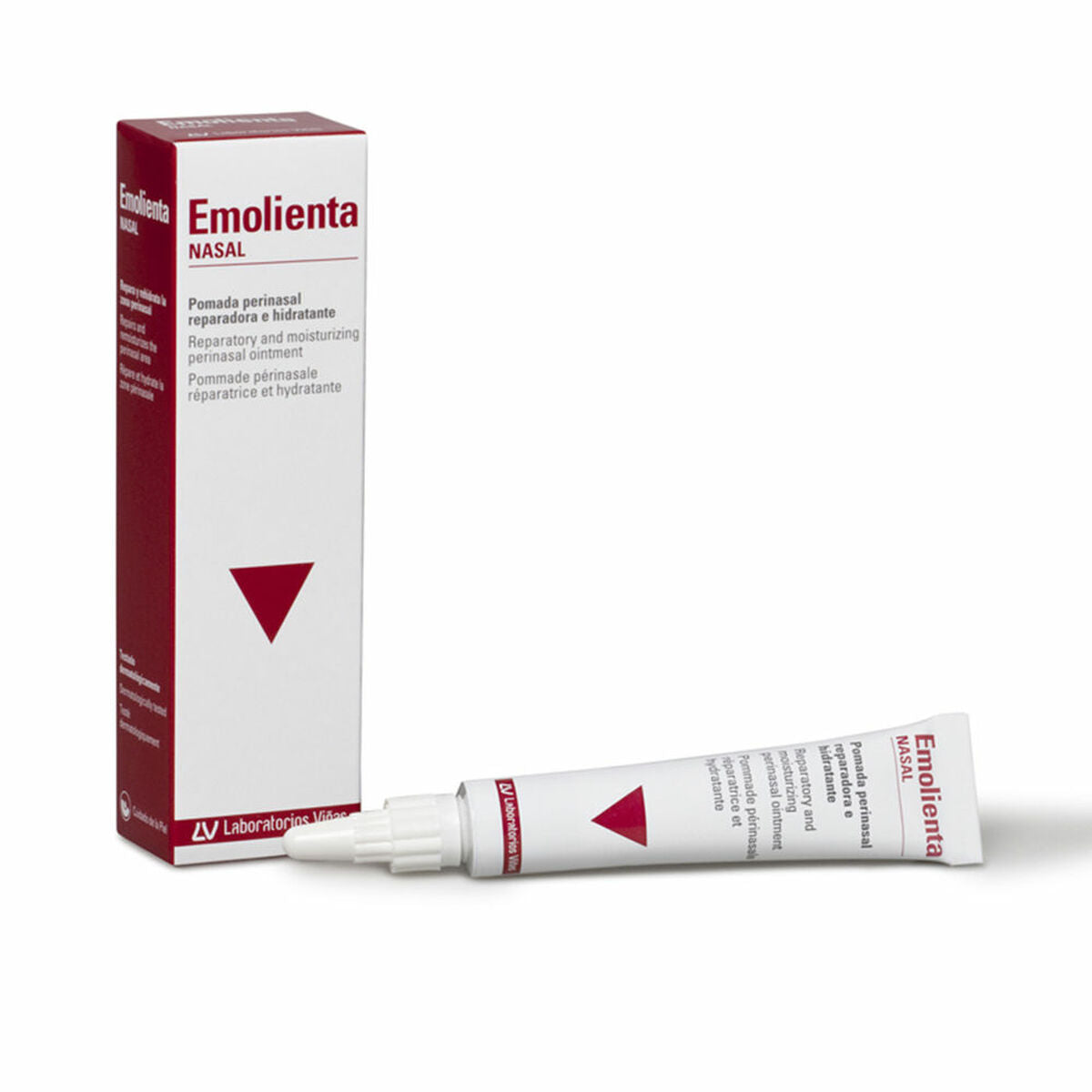 Pommade réparatrice Emolienta 10 ml, idéale pour l'hydratation et le soin nasal, emballage et tube visibles.
