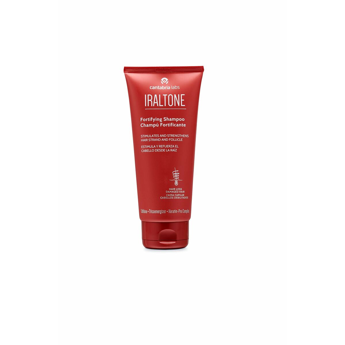 Iraltone Fortifying Shampoo 200ml in a red tube, designed for hydration and strengthening hair. Unisex hair care.